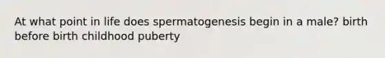 At what point in life does spermatogenesis begin in a male? birth before birth childhood puberty