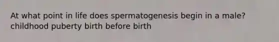 At what point in life does spermatogenesis begin in a male? childhood puberty birth before birth