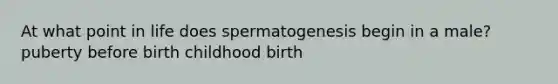 At what point in life does spermatogenesis begin in a male? puberty before birth childhood birth