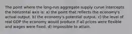 The point where the long-run aggregate supply curve intercepts the horizontal axis is: a) the point that reflects the economy's actual output. b) the economy's potential output. c) the level of real GDP the economy would produce if all prices were flexible and wages were fixed. d) impossible to attain.