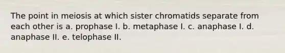 The point in meiosis at which sister chromatids separate from each other is a. prophase I. b. metaphase I. c. anaphase I. d. anaphase II. e. telophase II.