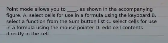 Point mode allows you to ____, as shown in the accompanying figure. A. select cells for use in a formula using the keyboard B. select a function from the Sum button list C. select cells for use in a formula using the mouse pointer D. edit cell contents directly in the cell