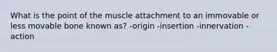 What is the point of the muscle attachment to an immovable or less movable bone known as? -origin -insertion -innervation -action