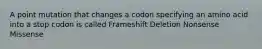 A point mutation that changes a codon specifying an amino acid into a stop codon is called Frameshift Deletion Nonsense Missense