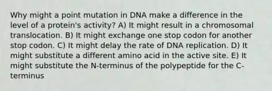 Why might a point mutation in DNA make a difference in the level of a protein's activity? A) It might result in a chromosomal translocation. B) It might exchange one stop codon for another stop codon. C) It might delay the rate of DNA replication. D) It might substitute a different amino acid in the active site. E) It might substitute the N-terminus of the polypeptide for the C-terminus