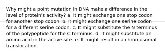 Why might a point mutation in DNA make a difference in the level of protein's activity? a. It might exchange one stop codon for another stop codon. b. It might exchange one serine codon for a different serine codon. c. It might substitute the N terminus of the polypeptide for the C terminus. d. It might substitute an amino acid in the active site. e. It might result in a chromosomal translocation.