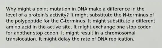 Why might a point mutation in DNA make a difference in the level of a protein's activity? It might substitute the N-terminus of the polypeptide for the C-terminus. It might substitute a different amino acid in the active site. It might exchange one stop codon for another stop codon. It might result in a chromosomal translocation. It might delay the rate of DNA replication.