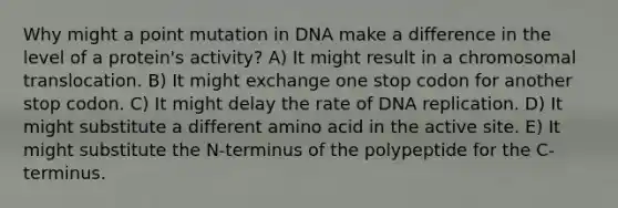 Why might a point mutation in DNA make a difference in the level of a protein's activity? A) It might result in a chromosomal translocation. B) It might exchange one stop codon for another stop codon. C) It might delay the rate of DNA replication. D) It might substitute a different amino acid in the active site. E) It might substitute the N-terminus of the polypeptide for the C-terminus.