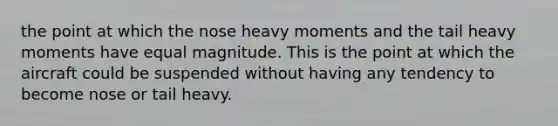 the point at which the nose heavy moments and the tail heavy moments have equal magnitude. This is the point at which the aircraft could be suspended without having any tendency to become nose or tail heavy.