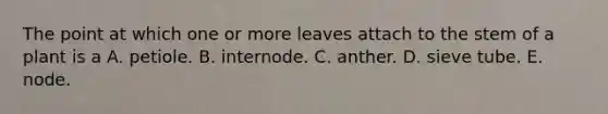 The point at which one or more leaves attach to the stem of a plant is a A. petiole. B. internode. C. anther. D. sieve tube. E. node.