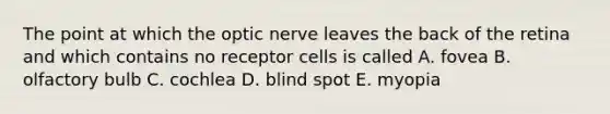 The point at which the optic nerve leaves the back of the retina and which contains no receptor cells is called A. fovea B. olfactory bulb C. cochlea D. blind spot E. myopia