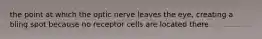 the point at which the optic nerve leaves the eye, creating a bling spot because no receptor cells are located there