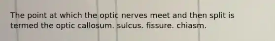 The point at which the optic nerves meet and then split is termed the optic callosum. sulcus. fissure. chiasm.