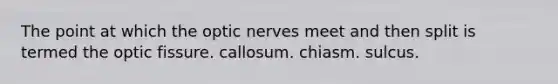 The point at which the optic nerves meet and then split is termed the optic fissure. callosum. chiasm. sulcus.