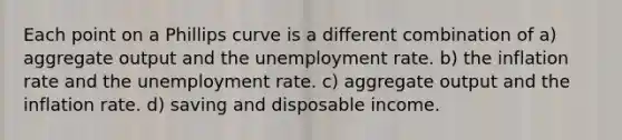 Each point on a Phillips curve is a different combination of a) aggregate output and the <a href='https://www.questionai.com/knowledge/kh7PJ5HsOk-unemployment-rate' class='anchor-knowledge'>unemployment rate</a>. b) the inflation rate and the unemployment rate. c) aggregate output and the inflation rate. d) saving and disposable income.