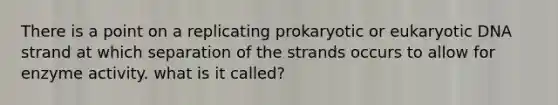 There is a point on a replicating prokaryotic or eukaryotic DNA strand at which separation of the strands occurs to allow for enzyme activity. what is it called?