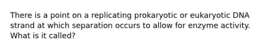 There is a point on a replicating prokaryotic or eukaryotic DNA strand at which separation occurs to allow for enzyme activity. What is it called?