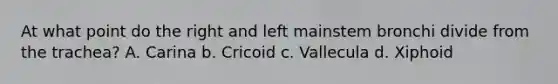 At what point do the right and left mainstem bronchi divide from the trachea? A. Carina b. Cricoid c. Vallecula d. Xiphoid