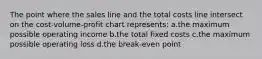 The point where the sales line and the total costs line intersect on the cost-volume-profit chart represents: a.the maximum possible operating income b.the total fixed costs c.the maximum possible operating loss d.the break-even point