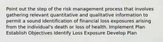 Point out the step of the risk management process that involves gathering relevant quantitative and qualitative information to permit a sound identification of financial loss exposures arising from the individual's death or loss of health. Implement Plan Establish Objectives Identify Loss Exposure Develop Plan