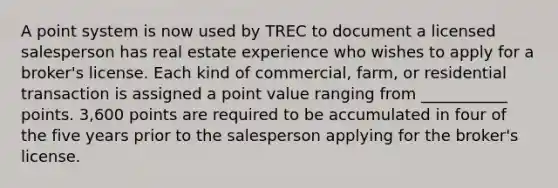 A point system is now used by TREC to document a licensed salesperson has real estate experience who wishes to apply for a broker's license. Each kind of commercial, farm, or residential transaction is assigned a point value ranging from ___________ points. 3,600 points are required to be accumulated in four of the five years prior to the salesperson applying for the broker's license.