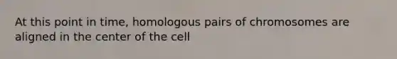 At this point in time, homologous pairs of chromosomes are aligned in the center of the cell