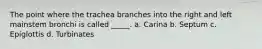 The point where the trachea branches into the right and left mainstem bronchi is called _____. a. Carina b. Septum c. Epiglottis d. Turbinates