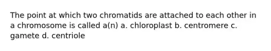 The point at which two chromatids are attached to each other in a chromosome is called a(n) a. chloroplast b. centromere c. gamete d. centriole