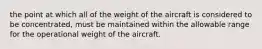 the point at which all of the weight of the aircraft is considered to be concentrated, must be maintained within the allowable range for the operational weight of the aircraft.