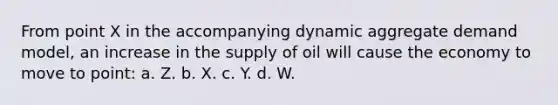 From point X in the accompanying dynamic aggregate demand model, an increase in the supply of oil will cause the economy to move to point: a. Z. b. X. c. Y. d. W.