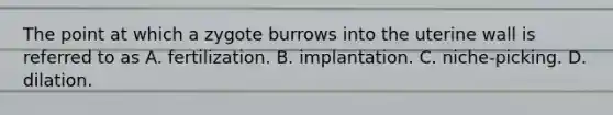 The point at which a zygote burrows into the uterine wall is referred to as A. fertilization. B. implantation. C. niche-picking. D. dilation.