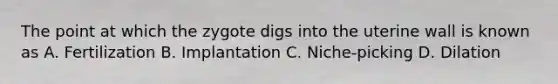 The point at which the zygote digs into the uterine wall is known as A. Fertilization B. Implantation C. Niche-picking D. Dilation