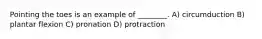 Pointing the toes is an example of ________. A) circumduction B) plantar flexion C) pronation D) protraction