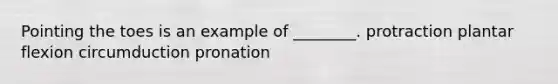 Pointing the toes is an example of ________. protraction plantar flexion circumduction pronation