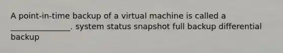 A point-in-time backup of a virtual machine is called a _______________. system status snapshot full backup differential backup