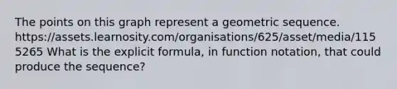 The points on this graph represent a geometric sequence. https://assets.learnosity.com/organisations/625/asset/media/1155265 What is the explicit formula, in function notation, that could produce the sequence?