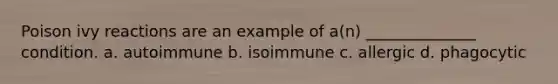 Poison ivy reactions are an example of a(n) ______________ condition. a. autoimmune b. isoimmune c. allergic d. phagocytic