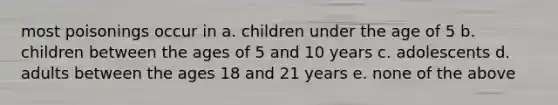 most poisonings occur in a. children under the age of 5 b. children between the ages of 5 and 10 years c. adolescents d. adults between the ages 18 and 21 years e. none of the above