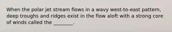When the polar jet stream flows in a wavy west-to-east pattern, deep troughs and ridges exist in the flow aloft with a strong core of winds called the ________.