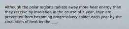 Although the polar regions radiate away more heat energy than they receive by insolation in the course of a year, thye are prevented from becoming progressively colder each year by the circulation of heat by the ___.