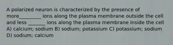 A polarized neuron is characterized by the presence of more_________ ions along the plasma membrane outside the cell and less _______ ions along the plasma membrane inside the cell A) calcium; sodium B) sodium; potassium C) potassium; sodium D) sodium; calcium