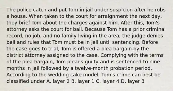 The police catch and put Tom in jail under suspicion after he robs a house. When taken to the court for arraignment the next day, they brief Tom about the charges against him. After this, Tom's attorney asks the court for bail. Because Tom has a prior criminal record, no job, and no family living in the area, the judge denies bail and rules that Tom must be in jail until sentencing. Before the case goes to trial, Tom is offered a plea bargain by the district attorney assigned to the case. Complying with the terms of the plea bargain, Tom pleads guilty and is sentenced to nine months in jail followed by a twelve-month probation period. According to the wedding cake model, Tom's crime can best be classified under A. layer 2 B. layer 1 C. layer 4 D. layer 3