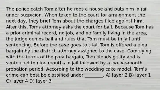 The police catch Tom after he robs a house and puts him in jail under suspicion. When taken to the court for arraignment the next day, they brief Tom about the charges filed against him. After this, Toms attorney asks the court for bail. Because Tom has a prior criminal record, no job, and no family living in the area, the judge denies bail and rules that Tom must be in jail until sentencing. Before the case goes to trial, Tom is offered a plea bargain by the district attorney assigned to the case. Complying with the terms of the plea bargain, Tom pleads guilty and is sentenced to nine months in jail followed by a twelve-month probation period. According to the wedding cake model, Tom's crime can best be classified under ________. A) layer 2 B) layer 1 C) layer 4 D) layer 3