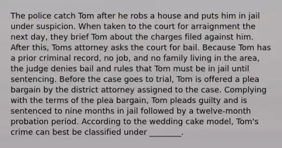 The police catch Tom after he robs a house and puts him in jail under suspicion. When taken to the court for arraignment the next day, they brief Tom about the charges filed against him. After this, Toms attorney asks the court for bail. Because Tom has a prior criminal record, no job, and no family living in the area, the judge denies bail and rules that Tom must be in jail until sentencing. Before the case goes to trial, Tom is offered a plea bargain by the district attorney assigned to the case. Complying with the terms of the plea bargain, Tom pleads guilty and is sentenced to nine months in jail followed by a twelve-month probation period. According to the wedding cake model, Tom's crime can best be classified under ________.