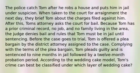 The police catch Tom after he robs a house and puts him in jail under suspicion. When taken to the court for arraignment the next day, they brief Tom about the charges filed against him. After this, Toms attorney asks the court for bail. Because Tom has a prior criminal record, no job, and no family living in the area, the judge denies bail and rules that Tom must be in jail until sentencing. Before the case goes to trial, Tom is offered a plea bargain by the district attorney assigned to the case. Complying with the terms of the plea bargain, Tom pleads guilty and is sentenced to nine months in jail followed by a twelve-month probation period. According to the wedding cake model, Tom's crime can best be classified under which layer of wedding cake?