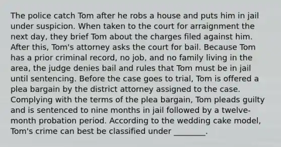 The police catch Tom after he robs a house and puts him in jail under suspicion. When taken to the court for arraignment the next day, they brief Tom about the charges filed against him. After this, Tom's attorney asks the court for bail. Because Tom has a prior criminal record, no job, and no family living in the area, the judge denies bail and rules that Tom must be in jail until sentencing. Before the case goes to trial, Tom is offered a plea bargain by the district attorney assigned to the case. Complying with the terms of the plea bargain, Tom pleads guilty and is sentenced to nine months in jail followed by a twelve-month probation period. According to the wedding cake model, Tom's crime can best be classified under ________.