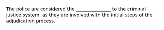 The police are considered the _______________ to <a href='https://www.questionai.com/knowledge/kuANd41CrG-the-criminal-justice-system' class='anchor-knowledge'>the criminal justice system</a>, as they are involved with the initial steps of the adjudication process.