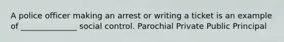 A police officer making an arrest or writing a ticket is an example of ______________ social control. Parochial Private Public Principal