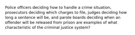 Police officers deciding how to handle a crime situation, prosecutors deciding which charges to file, judges deciding how long a sentence will be, and parole boards deciding when an offender will be released from prison are examples of what characteristic of the criminal justice system?