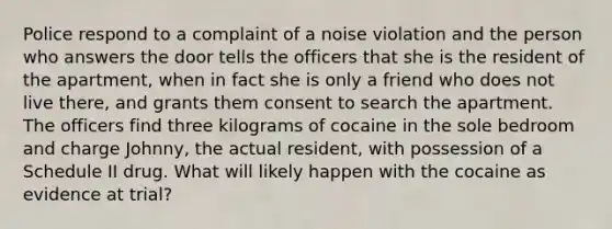 Police respond to a complaint of a noise violation and the person who answers the door tells the officers that she is the resident of the apartment, when in fact she is only a friend who does not live there, and grants them consent to search the apartment. The officers find three kilograms of cocaine in the sole bedroom and charge Johnny, the actual resident, with possession of a Schedule II drug. What will likely happen with the cocaine as evidence at trial?